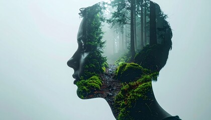 Pixelated Profile Silhouette of Woman Merged with Lush Green Forest and Foggy Atmosphere