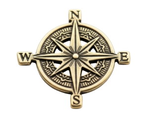 Close-up of a golden compass rose, showing North, South, East, and West directions.