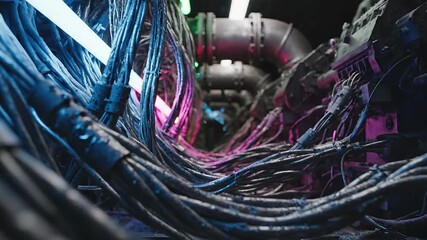 Intricate network of glowing cables and wires creating a complex digital infrastructure symbolizing advanced technology data flow and modern connectivity within a server room or industrial setting. - Powered by Adobe