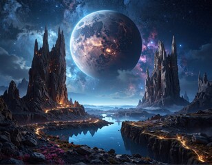 A fantastic alien landscape with towers, a glowing planet, and starry sky