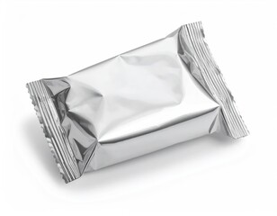 Silver foil-wrapped rectangular package on white background, angled view
