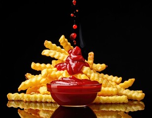 Golden, crinkle-cut fries with red sauce, black background, close-up