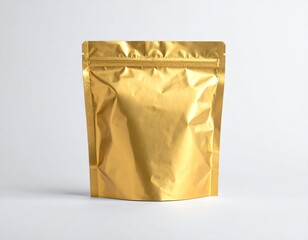 Golden pouch standing on a white surface, minimal lighting