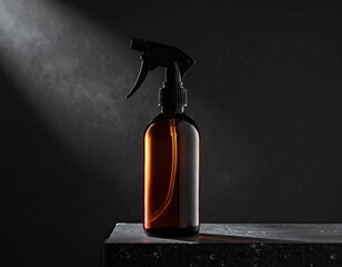 A brown spray bottle is silhouetted against a dark background, mist visible