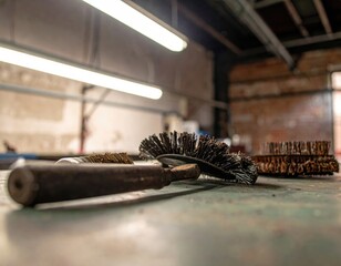 Worn wire brushes and hand tools on a workshop workbench under fluorescent lights.
