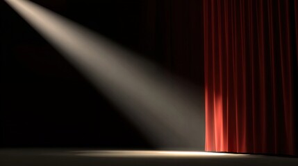 backstage. A partially opened stage curtain with a dramatic spotlight beam, creating anticipation in a theatrical setting. event programs.