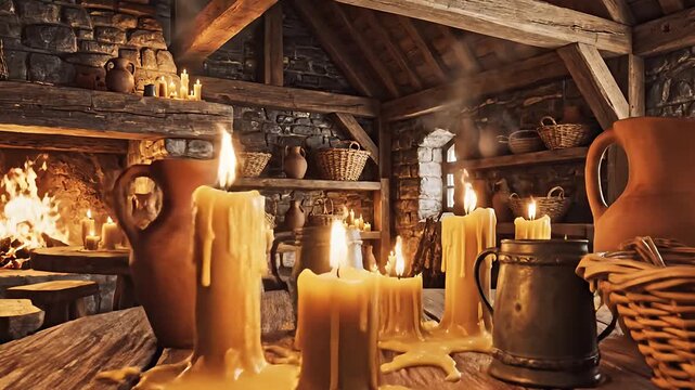 Warm and Cozy Rustic Inn Room Background with Flickering Fire and Empty Furniture
