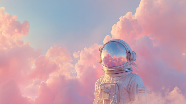 Dreamy illustration of an astronaut in a spacesuit among fluffy pink clouds