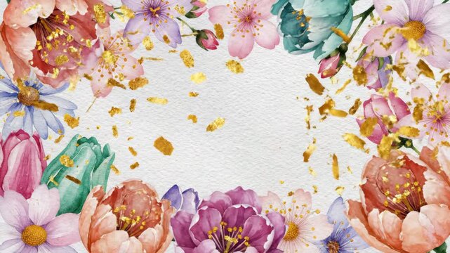 Gently animated spring floral watercolor pattern transition with subtle embedded gold flakes creating an elegant looping background graphic organic shapes, surface, feminine