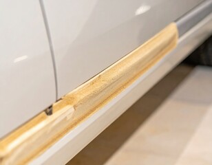 Car side panel taped for painting, revealing sanded body filler in a repair shop