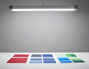 Color swatches on white table illuminated by linear fluorescent light