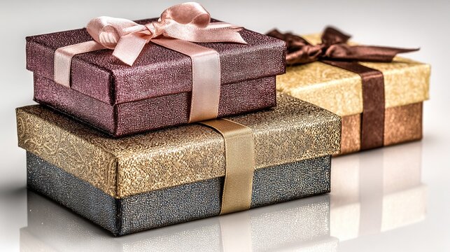 Professionelle Stilllebenfotografien zeigen mehrere sorgf&auml;ltig gestapelte Premium-Geschenkboxen, die mit luxuri&ouml;sen Satinb&auml;ndern verziert sind und satte Juwelent&ouml;ne aufweisen.