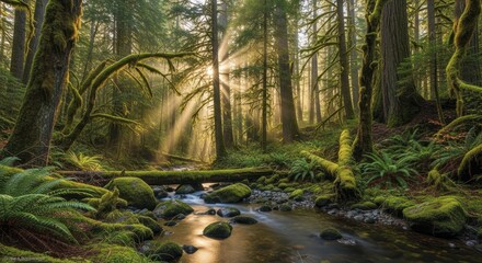 Obraz premium Sunlight streams through the canopy of a lush, moss-covered temperate rainforest surrounding a flowing stream