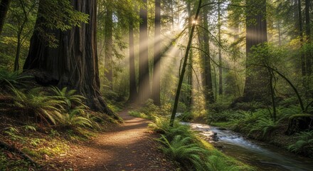 Obraz premium Sunlight beams illuminate a winding footpath beside a flowing creek through a dense grove of ancient towering trees