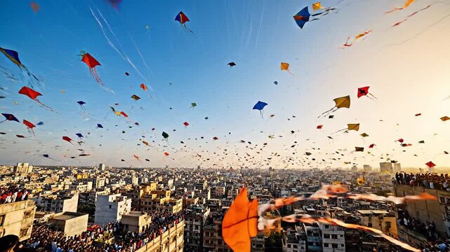 Kite Festival Thousands of Kites Over Crowded City Rooftops Sunset