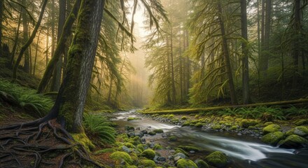 Obraz premium Lush, moss-covered rainforest stream flows through dense woodland mist