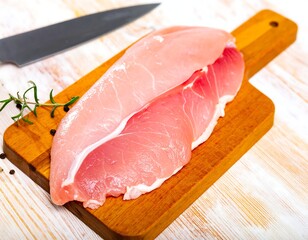 Raw turkey breast on wooden cutting board with knife and herbs
