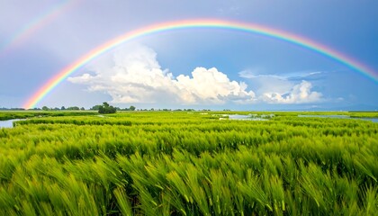 Rainbow arches over field