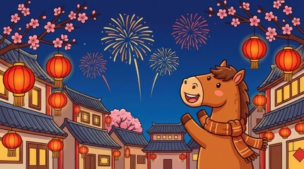 Happy Horse in Lantern Village Fireworks Scene