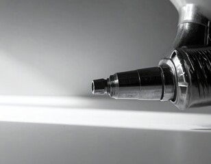 Macro close up of shiny metallic precision tool on gray background