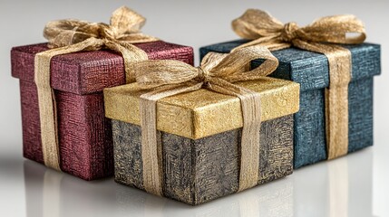 Professionelle Stilllebenfotografien zeigen mehrere sorgf&auml;ltig gestapelte Premium-Geschenkboxen, die mit luxuri&ouml;sen Satinb&auml;ndern verziert sind und satte Juwelent&ouml;ne aufweisen.