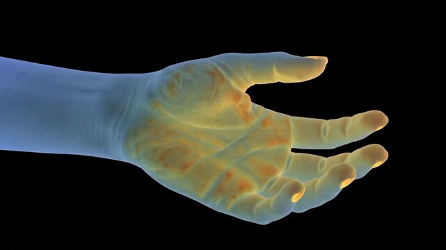 Translucent blue hand with orange nails is set against a black background
