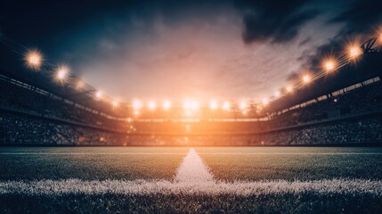 spectator. Football stadium view from field level showing green turf, stadium lights and architectural details. real-estate listings.
