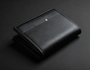 A stylish, black leather bifold wallet with a snap closure against dark background