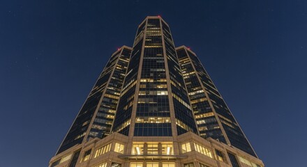 Modern glass and stone skyscraper complex rises dramatically against the deep blue night sky