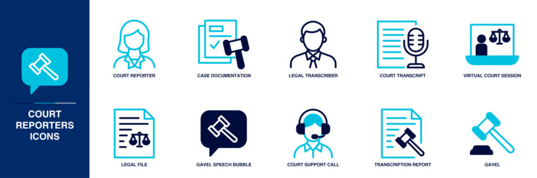Court Reporters Blue Colored Outline Icon Set