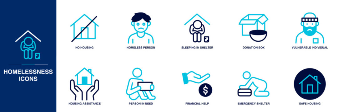 Homelessness Blue Colored Outline Icon Set
