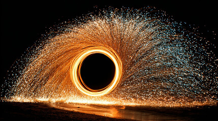 spinning steel wool creates a circular fiery light trail against a dark background.