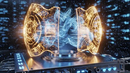 Glowing golden cyber security shield enveloping a pulsing blue data cloud hovering securely above a metallic technological apparatus abstract design, future, metallic technological apparatus