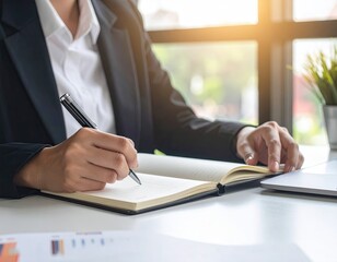 A person in a suit is writing in a notebook at a bright office desk