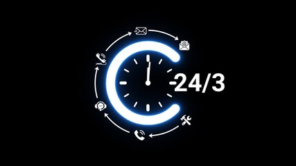 Bright blue circular symbolizing 24 7 customer support with communication and a clock face on a black backdrop - Powered by Adobe
