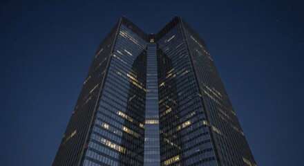 Modern skyscraper rises dramatically toward a dark night sky with visible stars