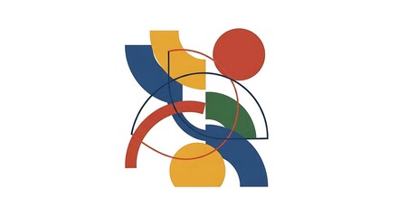 Abstract Geometric Composition with Circles and Arcs on White.