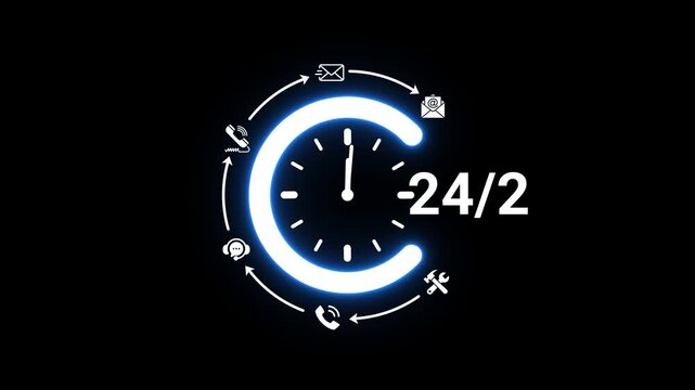 Glowing blue circle with clock face and representing 24 7 customer service and communication on a dark background