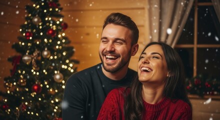 Happy couple sharing a joyful moment indoors near a decorated evergreen during a simulated snowfall