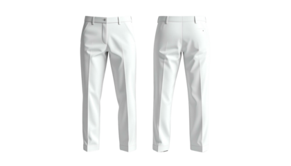 Front and back views of a pair of plain white trousers, isolated on black
