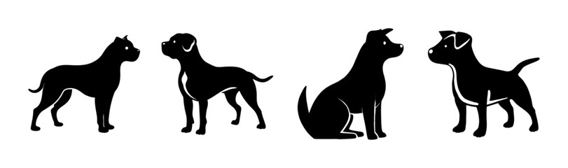Obraz premium Stylized black dog silhouettes illustrating different breeds and their common postures