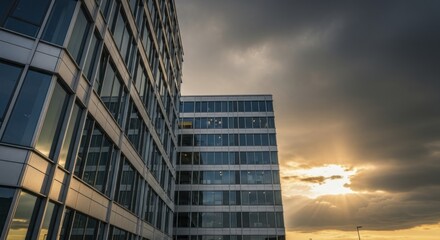 Modern glass office buildings rise against a dramatic, sunlit, overcast sky.
