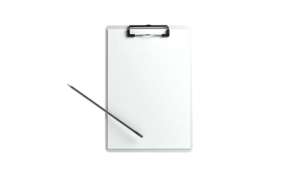 Top-down view of blank clipboard with pencil on black background