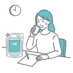 大腸カメラの前処置で下剤を飲むのが辛そうな女性