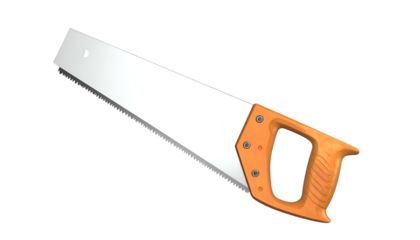 Graphic depicts a hand saw with an orange handle and silver blade against a black background