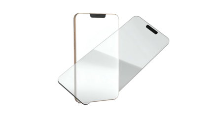 Two smartphones; one with a screen protector, angled against a black background
