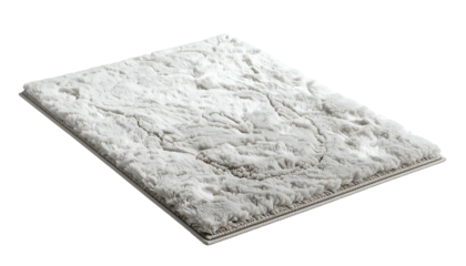 Angled shot of a rectangular, plush, off-white rug with an embossed pattern