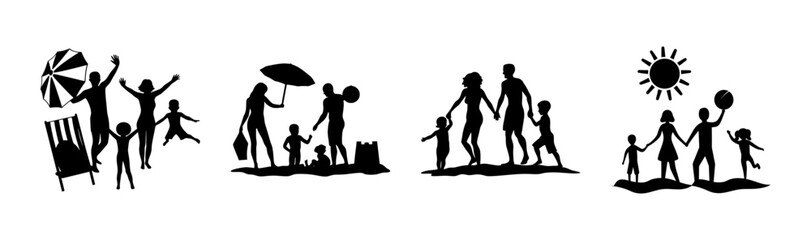 Happy family silhouettes enjoying various outdoor activities and summer leisure moments