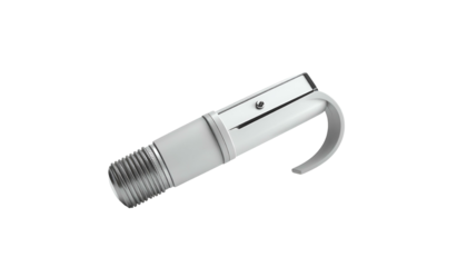 White and chrome device with a threaded end and a curved handle. Appears on black background