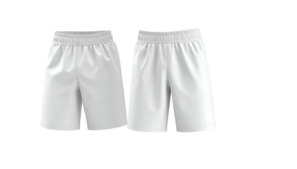 Two white athletic shorts are presented against a black background